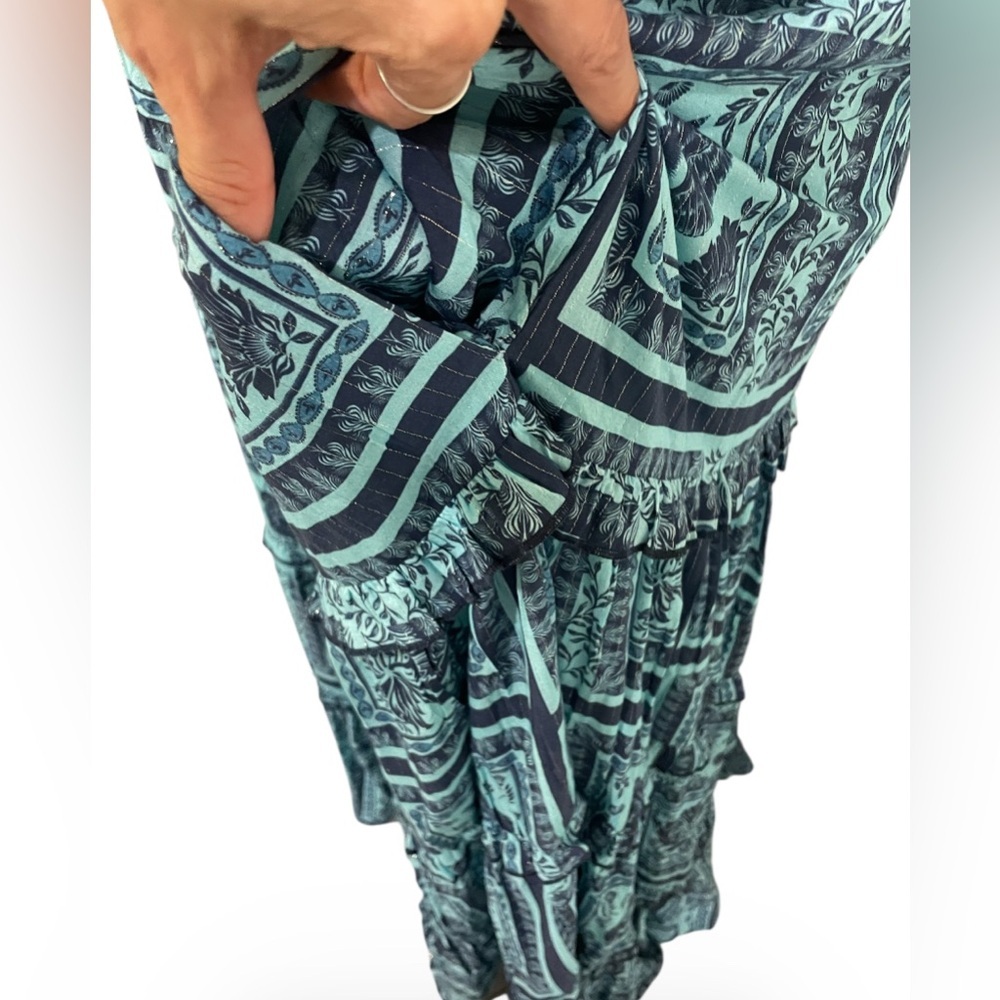 PQ Swim Halter Tiered Maxi Dress Blue Boho Metallic Lurex M/L NWOT - Picture 8 of 11